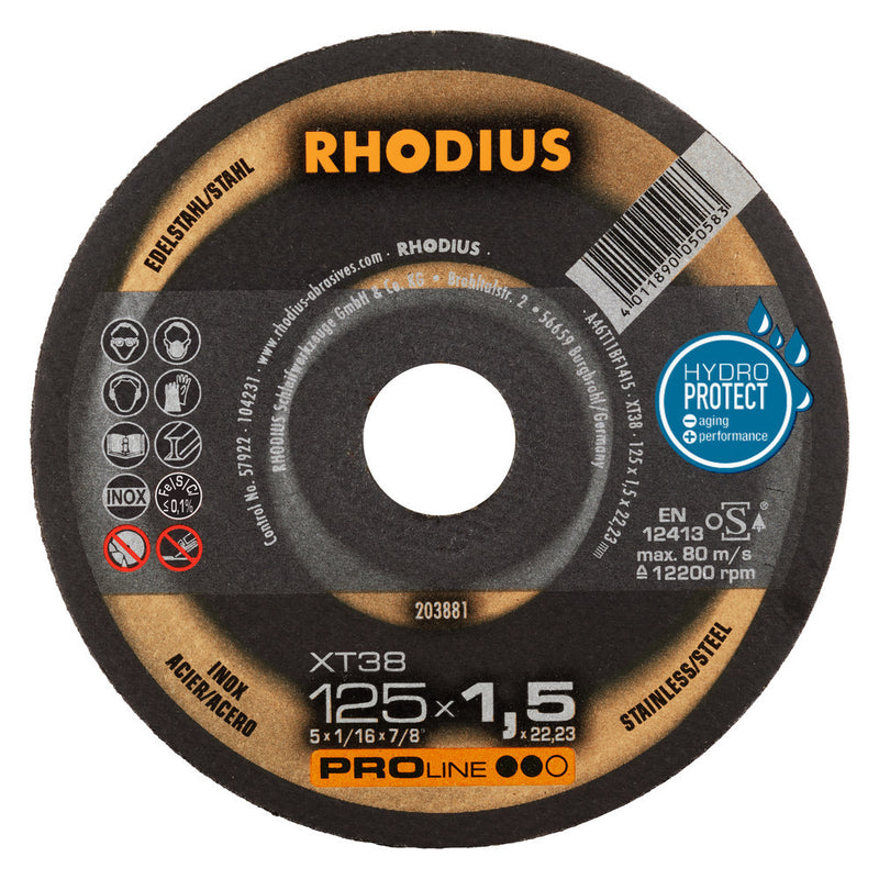 Disques à tronçonner Acier/Inox 125 x 1.5 x 22,23 mm PRO-LINE - RHODIUS XT38