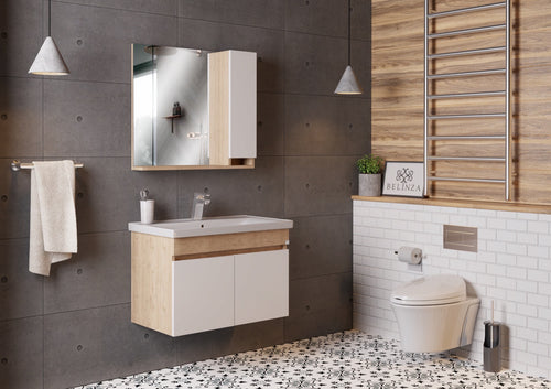Meuble salle de bain design moderne complet SAVVA avec miroir largeur 65 cm chêne clair et blanc - LPP