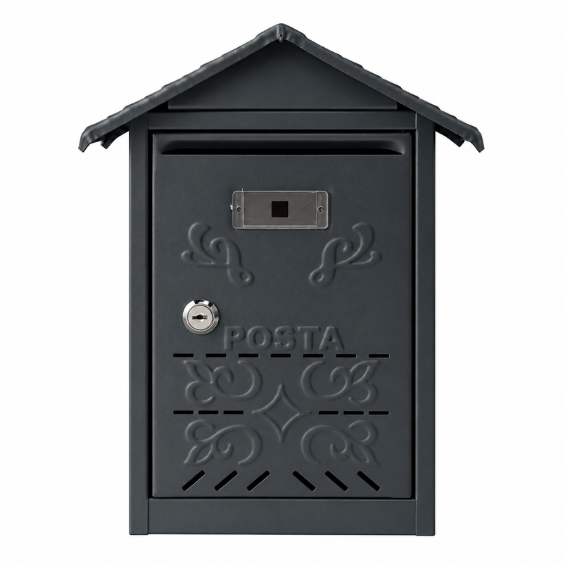 Boîte aux lettres murale en acier, Gris anthracite mat avec serrure, toit décoratif et porte-étiquette 24 x 31 x 9 cm – LPP