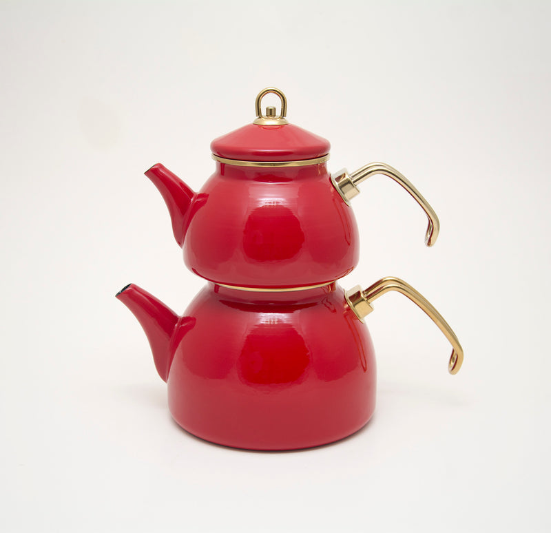 Théière turque de 1,1 L - Revêtue d’émail - Design rétro - Combinée avec une bouilloire de 2,3 L - Compatible avec plaque à induction - Idéale pour infusion de thé – LPP GRANDEUR 09
