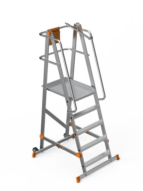 Escabeau à plateforme roulante pliable en aluminium renforcé – 4 marches + plateforme antidérapante (570 x 620 cm), H.132 cm avec garde-corps de sécurité – SARAYLI 8104