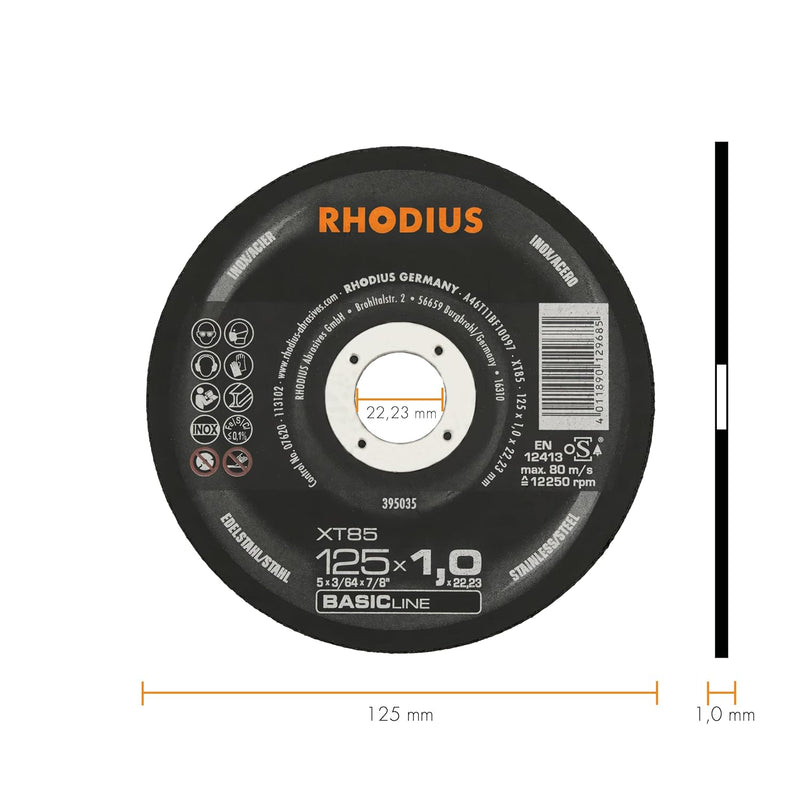 Disques à tronçonner XT85 125 x 1,0 x 22,23 Acier/Inox (50 pièces) - RHODIUS