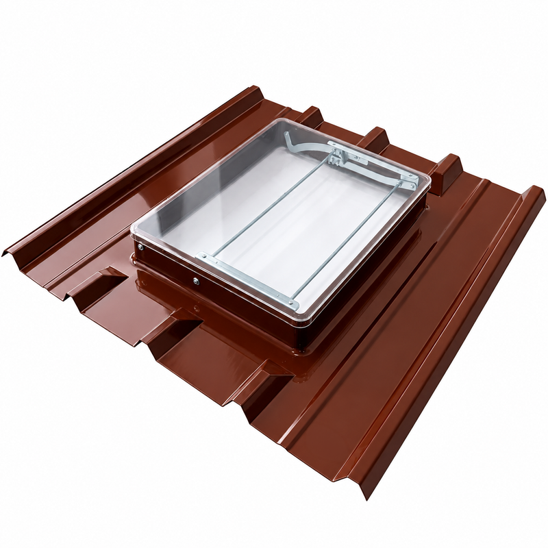 Lucarne de toit pour tôles bac acier ondulés profil 5 ondes – RAL 8012 Brun/Rouge – Vitre Synthétique incassable – LPP TERRACIEL KARE