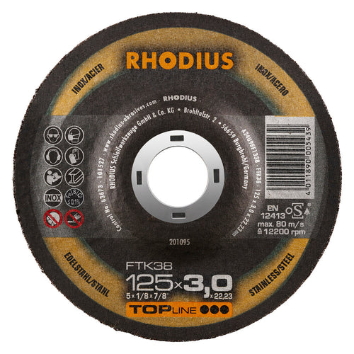 Disques à tronçonner Acier/Inox 125 x 3.0 x 22,23 mm PRO-LINE - RHODIUS FTK38