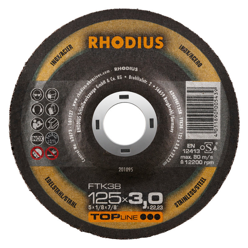 Disques à tronçonner Acier/Inox 125 x 3.0 x 22,23 mm PRO-LINE - RHODIUS FTK38
