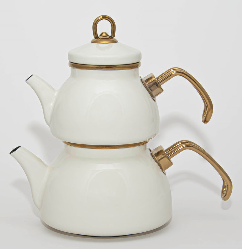 Théière Turque Mini 0,5 L avec Bouilloire 1,1 L en Acier Émaillé beige – Design Rétro – Compatible Induction – Idéale pour l’Infusion du Thé – LPP GRANDEUR 10